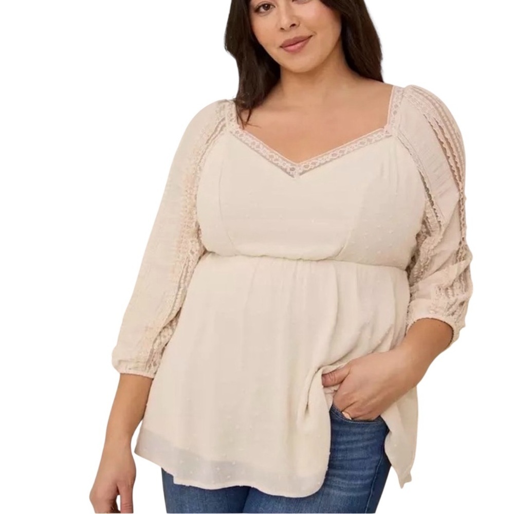 Torrid Cream Boho Peasant Blouse Lace Trim Long Sleeve Top Plus‎ Size 2X